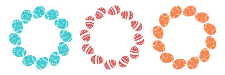Set of colorful Easter egg wreaths in pastel tones. Decorative circular frames for spring holiday design, greeting cards, invitations, posters, banners and festive templates.