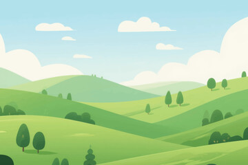 Obraz premium Rolling green hills with scattered trees under bright blue sky and white clouds in stylized landscape.