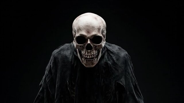 A skeletal figure with a skull face emerges from darkness, draped in black