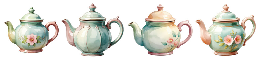 Watercolor Floral Teapots Collection for Tea Shop Branding, Cafe Menu, Kitchen Decor, Packaging Design, Home Illustration, Scrapbooking and Editorial Use, Isolated on Transparent Background.