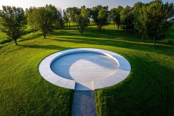 Aerial view of a serene landscape with a circular water feature surrounded by lush greenery and trees in a park