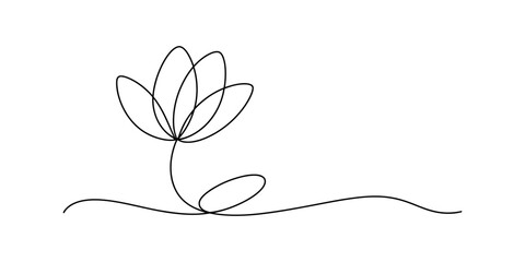 Elegant minimalist continuous line drawing of a blossoming lotus flower on a serene white background © Badhon_Designer
