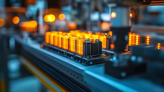 Close up of automated testing equipment measuring battery packs on a production line with glowing orange indicators and industrial machinery in the background for technical or manufacturing contexts.