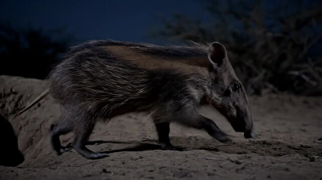Peccary Piglet Emerging from Dark Burrow at Night