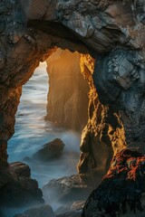 A stunning rocky archway framing glowing sunset light, with waves gently crashing below and vibrant colors highlighting textured rock formations.