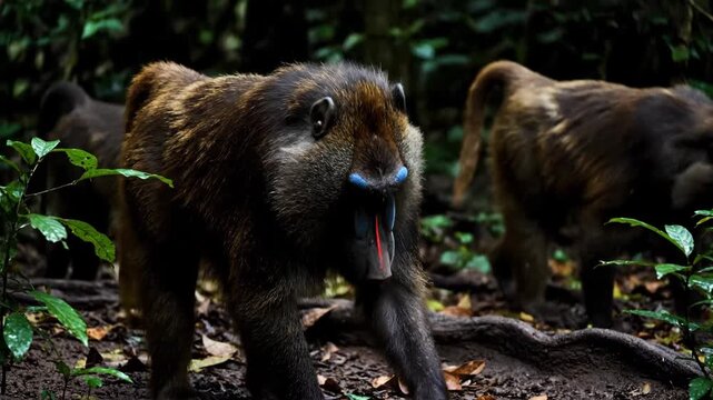 Mandrill Monkey with Vibrant Facial Colors in Forest Habitat