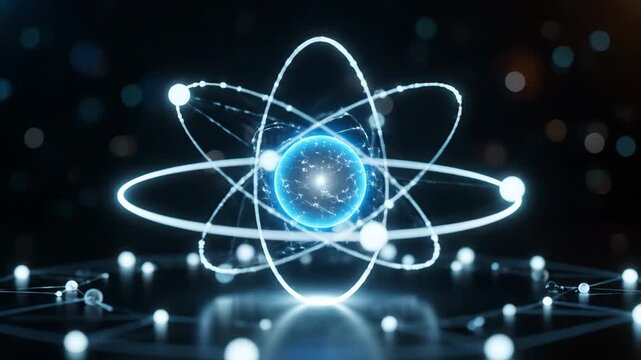 Abstract glowing blue atom model with orbiting electrons in a dark futuristic digital space.