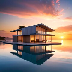 A modern house on a small island in the water at sunset