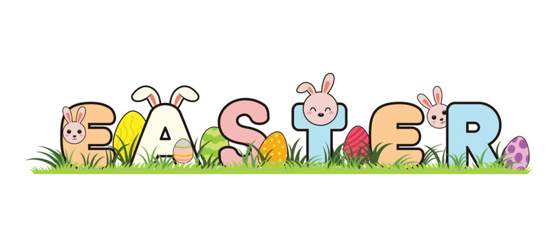 typograph of easter day with cute rabbit and easter egg on it