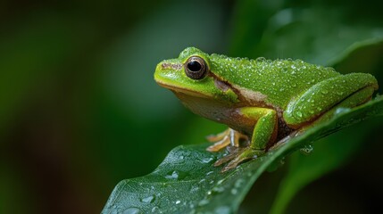 Naklejka premium Macro photograph of a vibrant green frog perched on a glossy leaf in sunlit forest edge