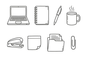Collection of cute hand drawn office supplies. Vector doodle illustrations of laptop, notebook, pen, coffee mug, stapler, and folder. Sketch line art for workspace, business, and school design.
