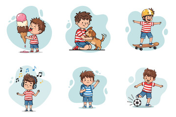 Fototapeta premium Set. Child playing with dog, enjoying ice cream, and having fun outdoors 