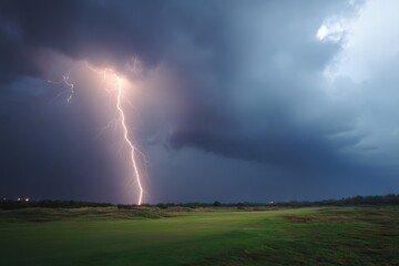 Dramatic lightning strikes illuminate the stormy sky above a green field during a summer thunderstorm at dusk