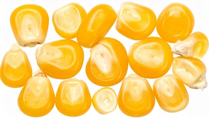 Scattered yellow corn kernels on white background with glossy texture and natural variation