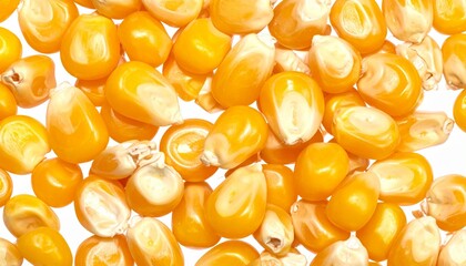 Scattered yellow corn kernels on white background with glossy texture and natural variation