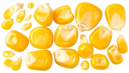 Scattered yellow corn kernels on white background with glossy texture and natural variation
