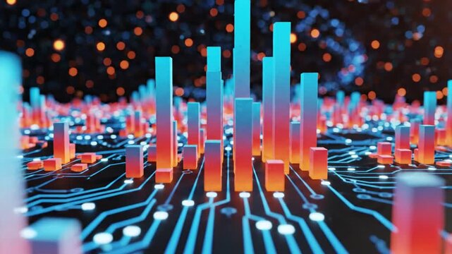 A 3D rendering of a futuristic circuit board with rising blue and orange bars, symbolizing data growth and technological advancement from a low-angle perspective.