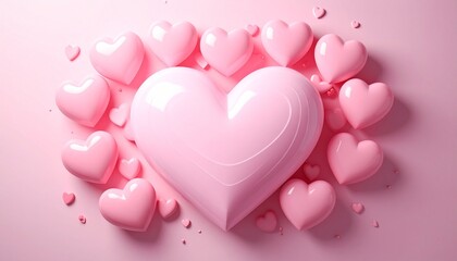 Glossy pink heart surrounded by smaller hearts on soft pink background.