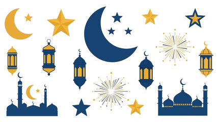 Islamic festive collection with crescent moons, stars, mosques, and lanterns, perfect for Ramadan and Eid celebrations