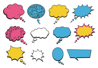 Vibrant vector assortment of various speech bubbles and thought clouds, perfect for dynamic communication, dialogue, and expressive storytelling in graphic design projects