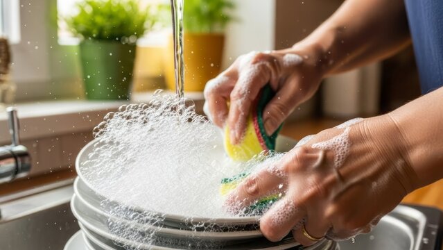 Washing Dishes with Soap and Water. Concept featuring washing dishes, cleaning, kitchen, soapy water, household chores.
