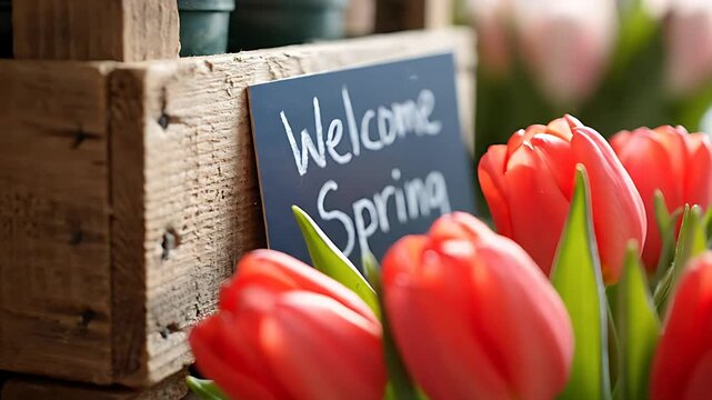 Vibrant red-orange tulips bloom beside a rustic wooden crate with a charming handwritten "Welcome Spring" chalkboard sign, signifying seasonal floral freshness and garden decor.