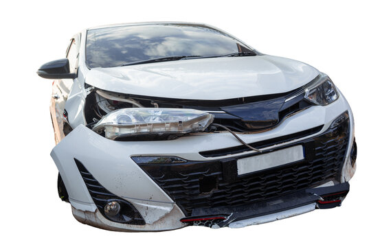 Damaged White Passenger Car With Severe Front End Collision Isolated on Background