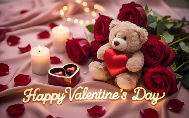 Intimate Valentine&rsquo;s Day decoration with warm candlelight and flowers