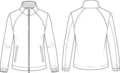 Mens zip up jacket technical cad drawing flat vector illustration, front back view athletic outerwear apparel fashion design outline © Noman Art