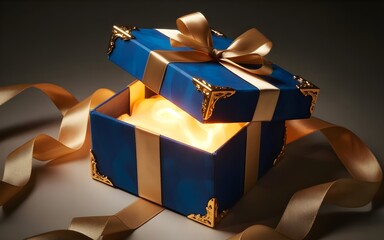Elegant premium gift box with flowing ribbon, dramatic light effect