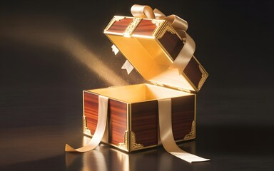 Luxury golden gift box with ribbon opening, dramatic lighting, premium celebration concept
