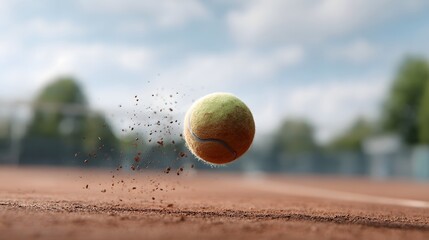 Dynamic action shot of a tennis ball in flight kicking up red clay dust on an outdoor court