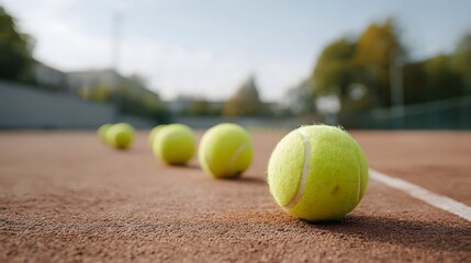 Bright yellow tennis balls are arranged in a row on a clay court viewed with a shallow depth of field