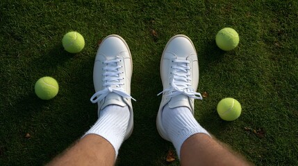 Person s legs in white sneakers and socks on a grass court with tennis balls aerial view