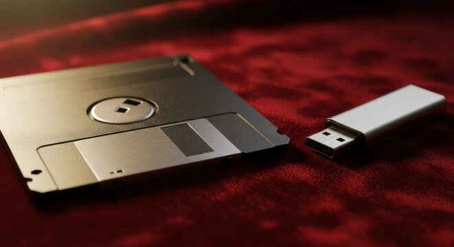 Floppy Disk and USB Drive on Red Velvet. Concept featuring floppy disk, usb drive, data storage, technology, retro.