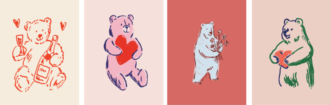 Cute hand drawn teddy bear holding gifts for valentine day love and romantic greeting card