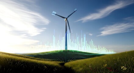 Wind Turbine with Data Visualization on Rolling Hills under a Su