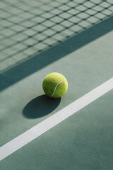 A solitary yellow tennis ball rests on a green court near a white line with the shadow of the net overhead