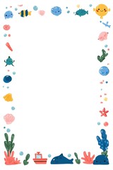 Cute underwater cartoon border featuring sea life shells coral and boats