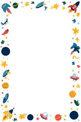 A colorful cartoon border illust n featuring rockets planets stars and astronauts on a white background