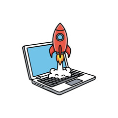 Laptop with rocket launch cartoon icon illustration