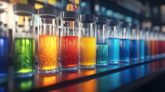 A row of laboratory glassware filled with vibrant colored liquids arranged in a scientific setup under bright lighting showcasing chemical synthesis or research process with precise alignment and