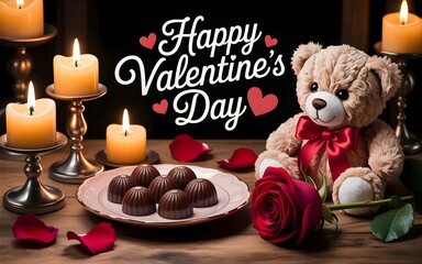Happy Valentine&rsquo;s Day greeting card with roses, chocolates, candles, and teddy bear