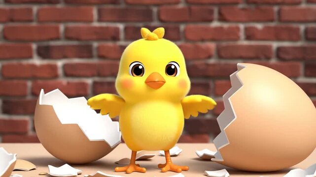 Adorable cartoon chick emerging from a broken egg, with a brick wall background
