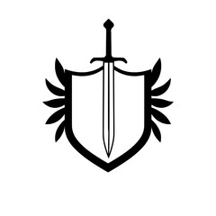 Warrior crest logo featuring a black sword silhouette centered inside a symmetrical shield with a simple border, rendered in a minimal vector illustration style with clean lines and basic geometric sh