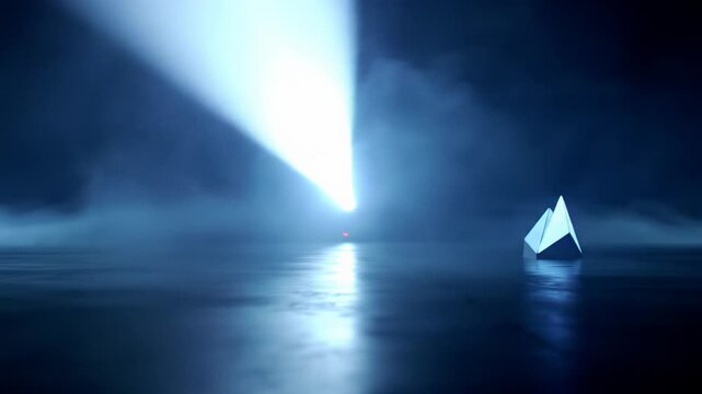 A sharp white spotlight beam dramatically cuts dense blue volumetric fog, illuminating a minimalist abstract object on a polished dark floor in a vast, futuristic space, conveying precision and