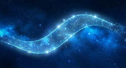 Abstract wave of light particles flowing through a dark blue starry background with sparkling stars and glowing clouds