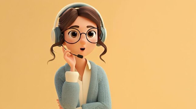 A cartoon woman with brown hair, glasses, and a headset smiles while touching her chin against a yellow background