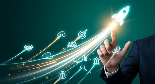 Businessman using digital interface to launch rocket representing startup success and innovative technology with various business icons and symbols emerging from the launch trajectory. - Powered by Adobe