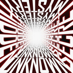 Abstract red and white typography tunnel with unknown concept, perspective text explosion background